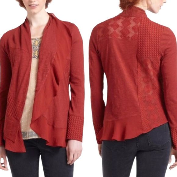 Anthropologie Tops - Meadow Rue from anthropology rust cardigan- asymmetrical design lace and ruffles